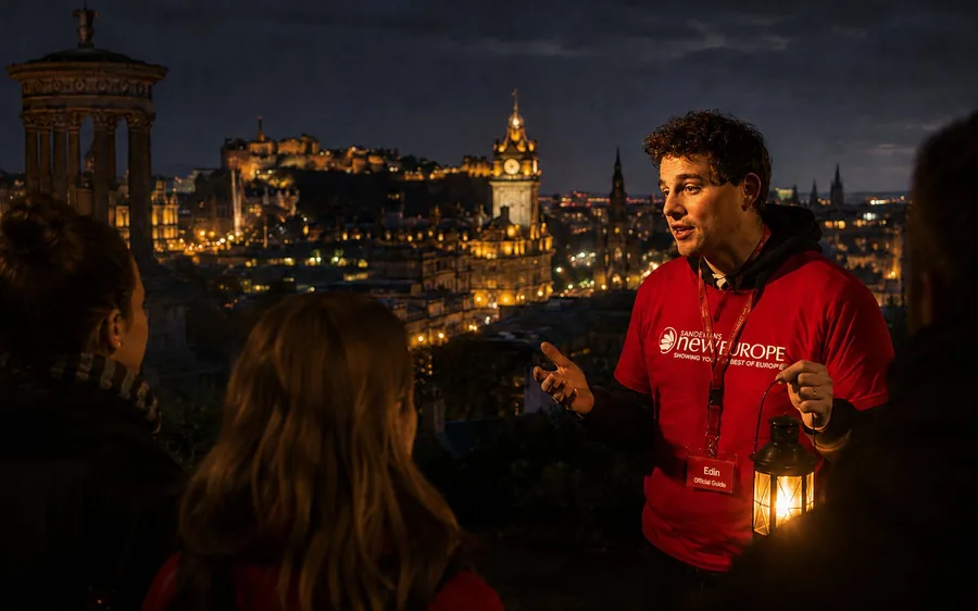 A guide with a lantern above the lights of Edinburgh at night
