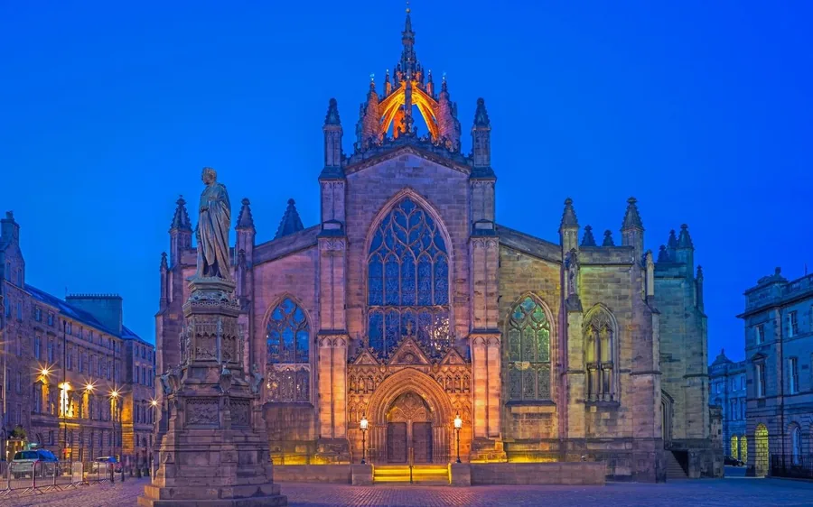 St Giles Cathedral on the Royal Mile lit at blue hour